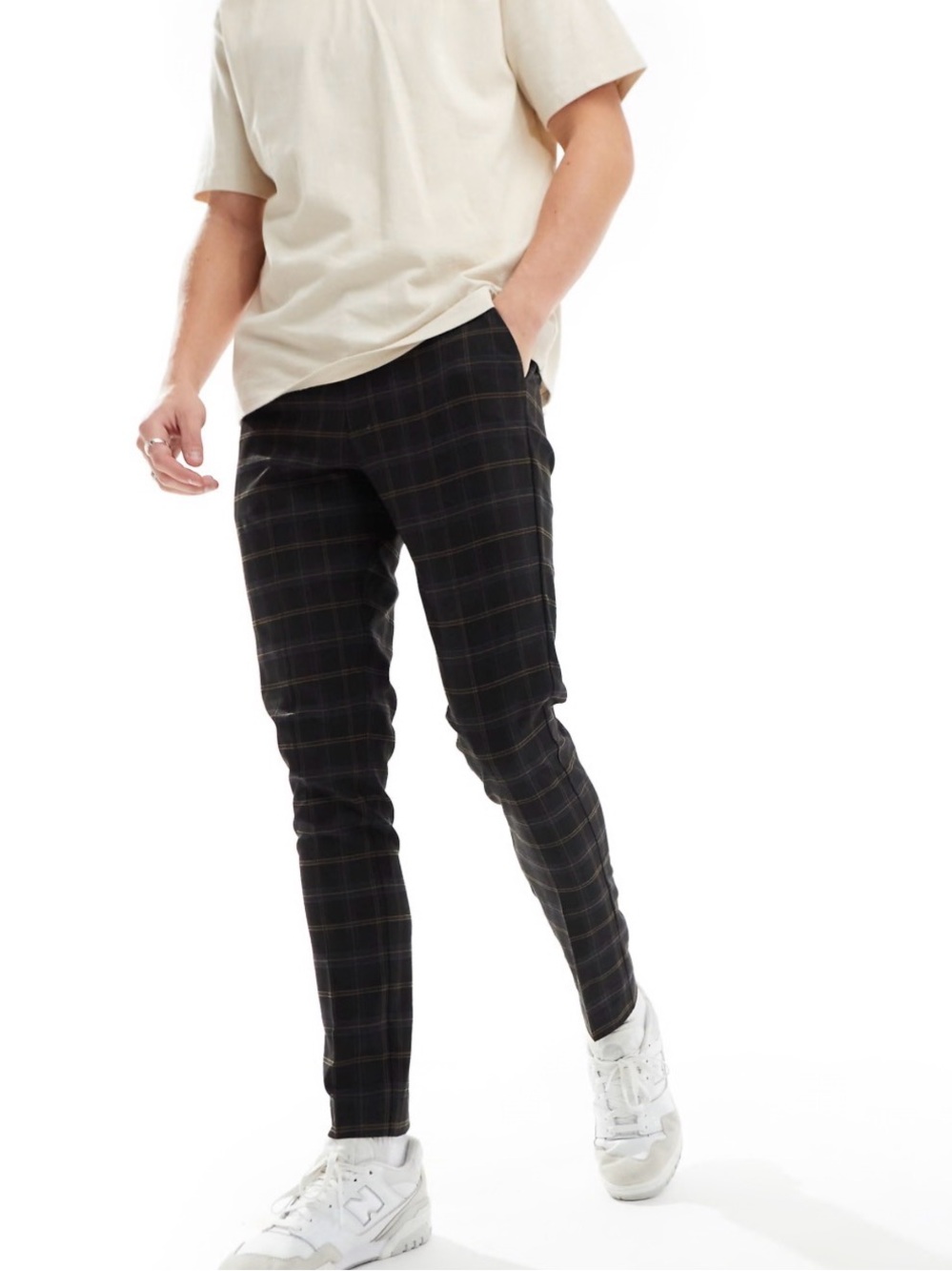 ASOS DESIGN Men's Plaid Dress Pants Slim Fit Flat Front Black Brown 34x34